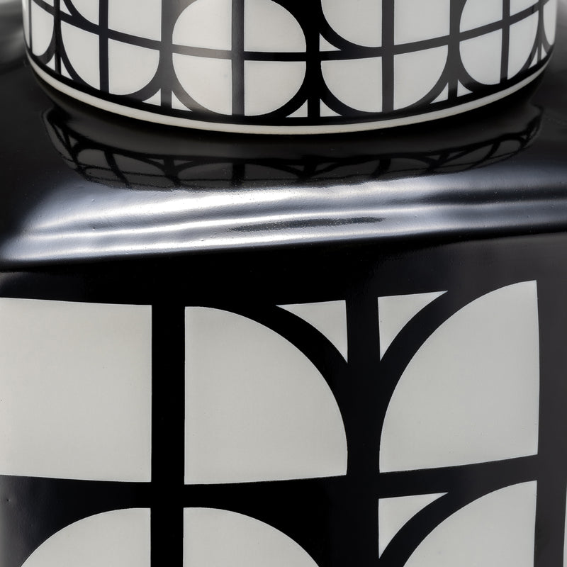 CER, 18H SQUARE JAR W/ LID, BLACK/WHITE