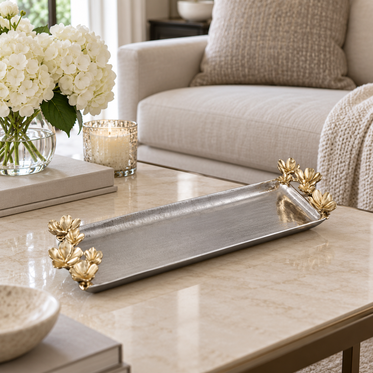 Gold Floral Rectangular Large Tray