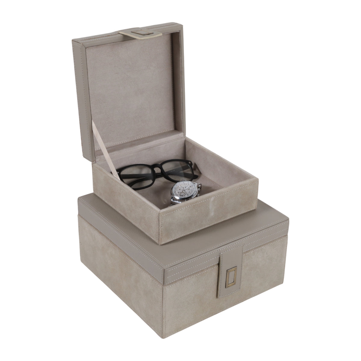 S/2 7/9" HAMDEN TAUPE LEATHER BOXES