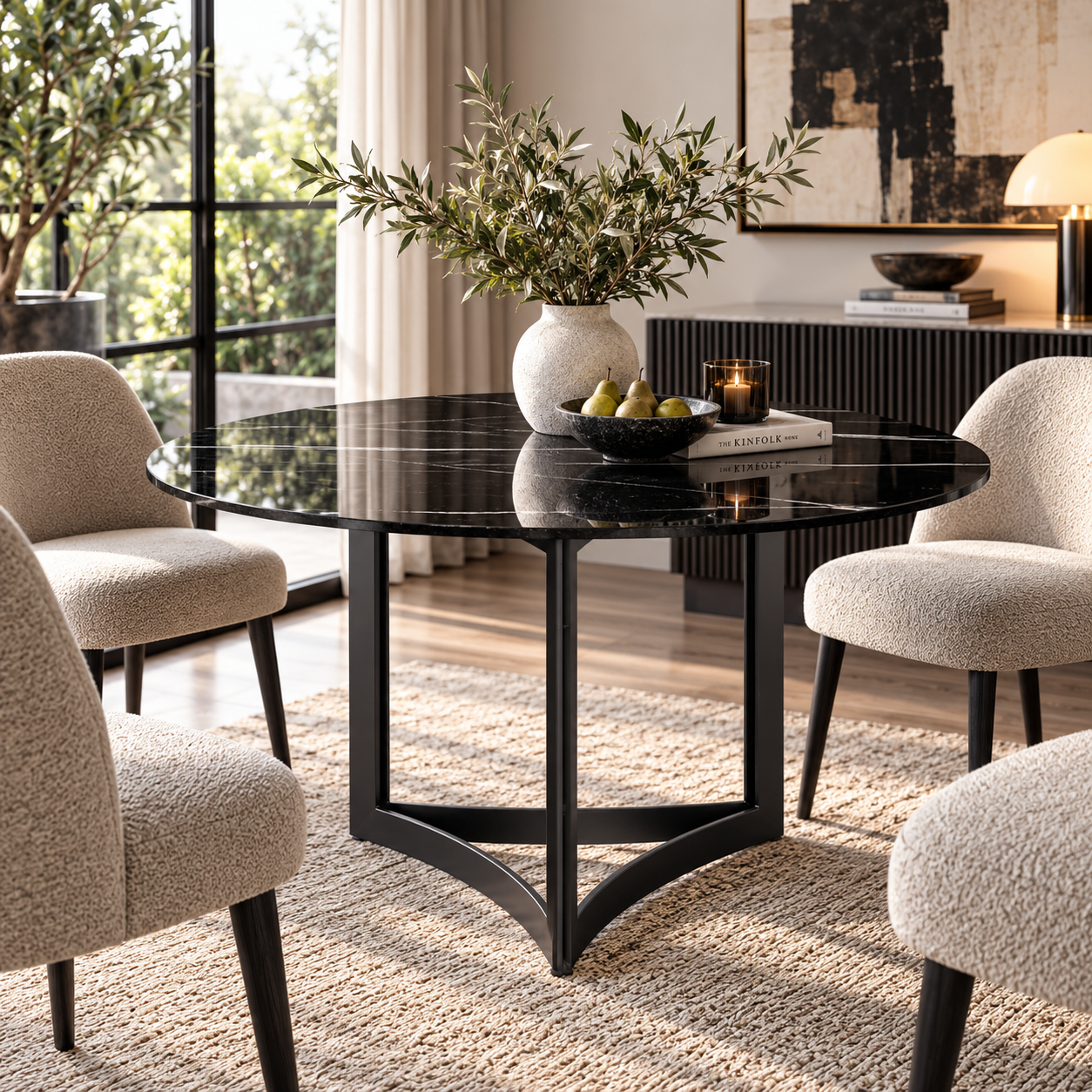 Alexa Dining Table Black Base and 150 CM Round Black Marble