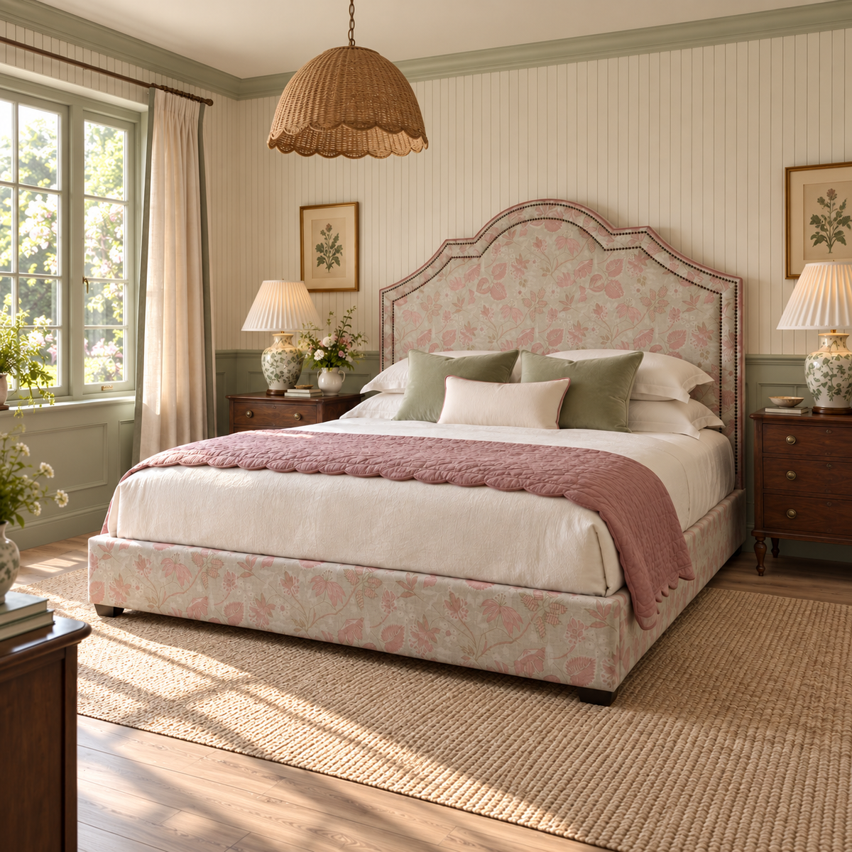 A beautifully styled bedroom featuring a upholstered bed frame with a pink floral pattern and a tall arched headboard. The bed is dressed in white linens, green pillows, and a dusty rose throw blanket, set against cream paneled walls with a wicker pendant light and wooden nightstands.