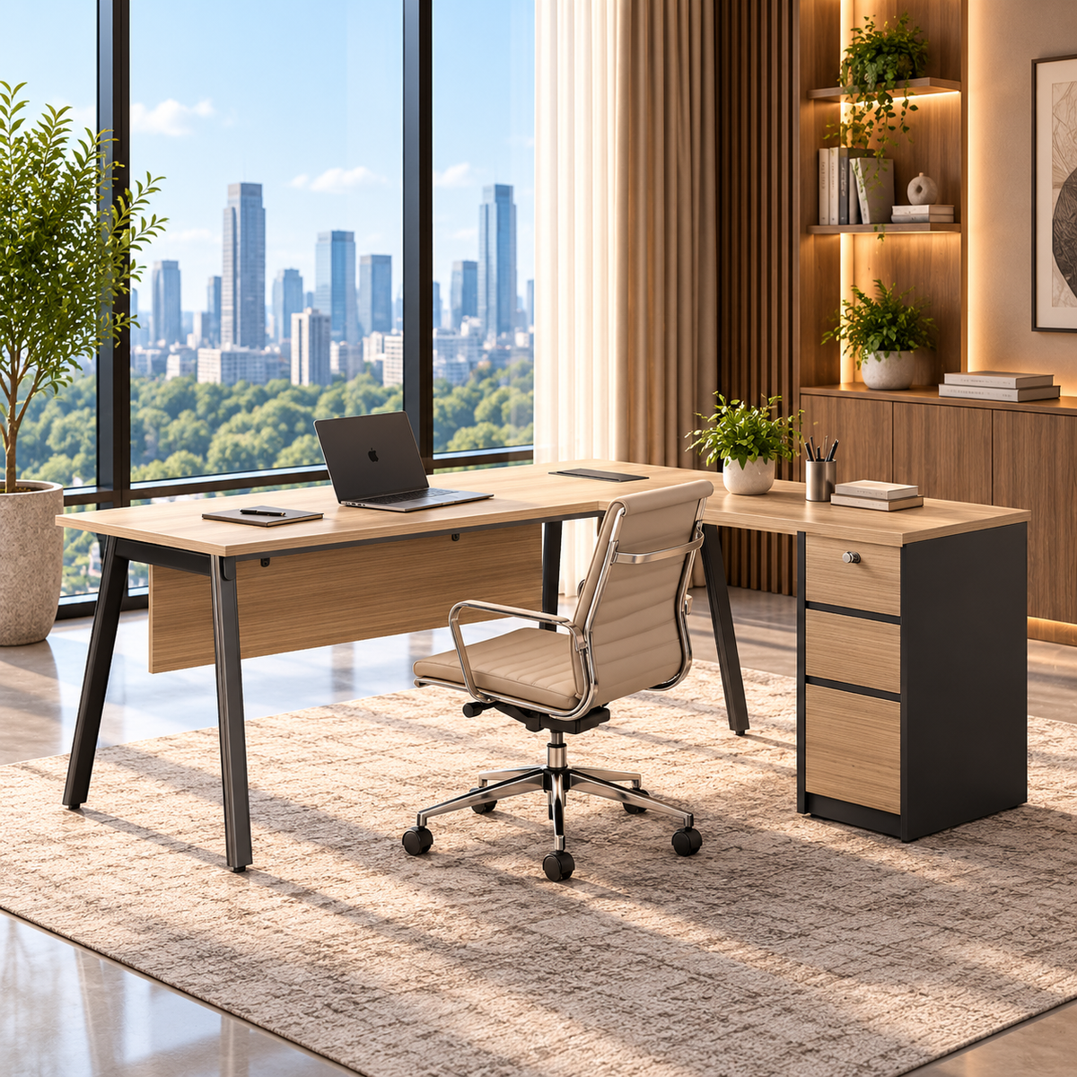 Desk with Side Pedestal - Light Oak and Pure Black (1800 mm)