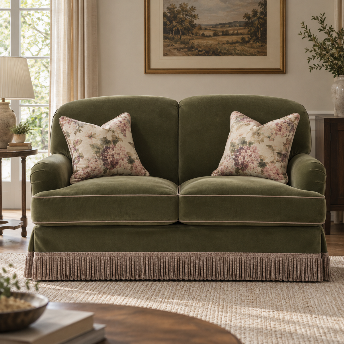 Jasmine Olive Loveseat Fringe Skirted 155cm