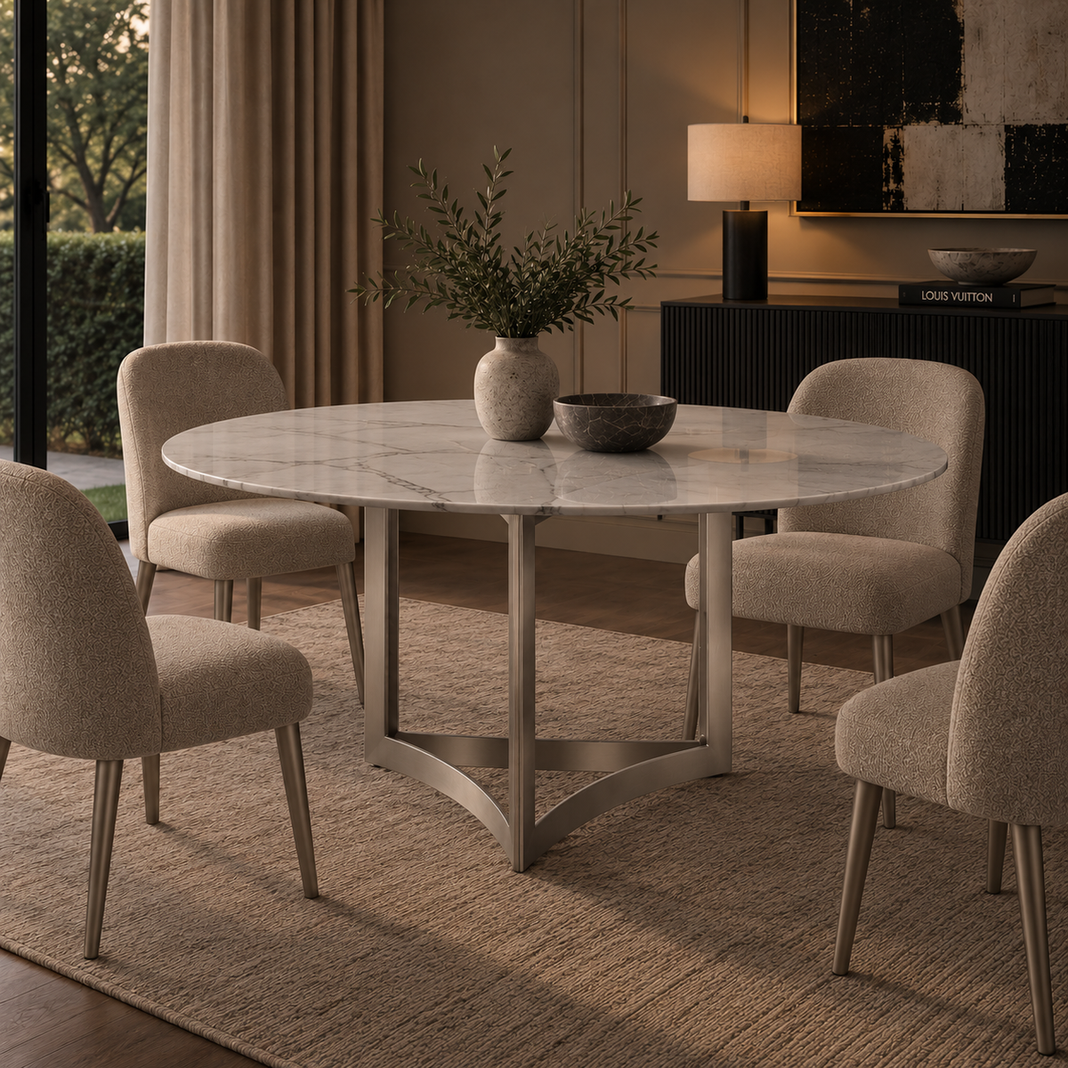 Alexa Dining Table Silver Base and 180 CM Round White Marble