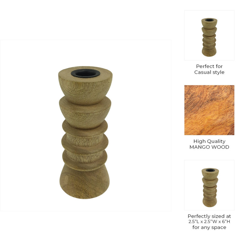6x3" Wood Totem Taper Holder, Natural - Al Rugaib Furniture