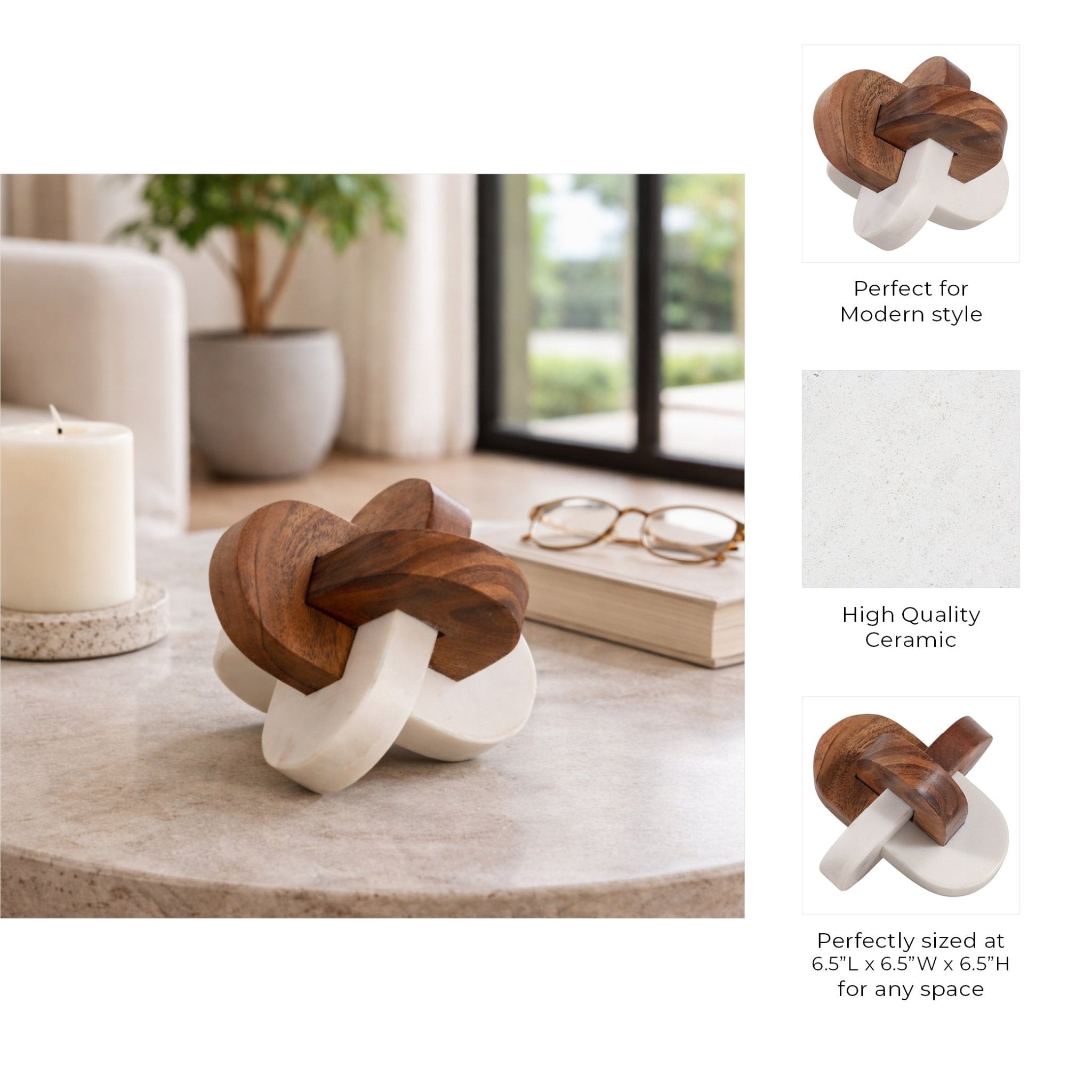 6x6" Wood And Marble Curved Knot, White/natural Table Decors| Sagebrook Home
