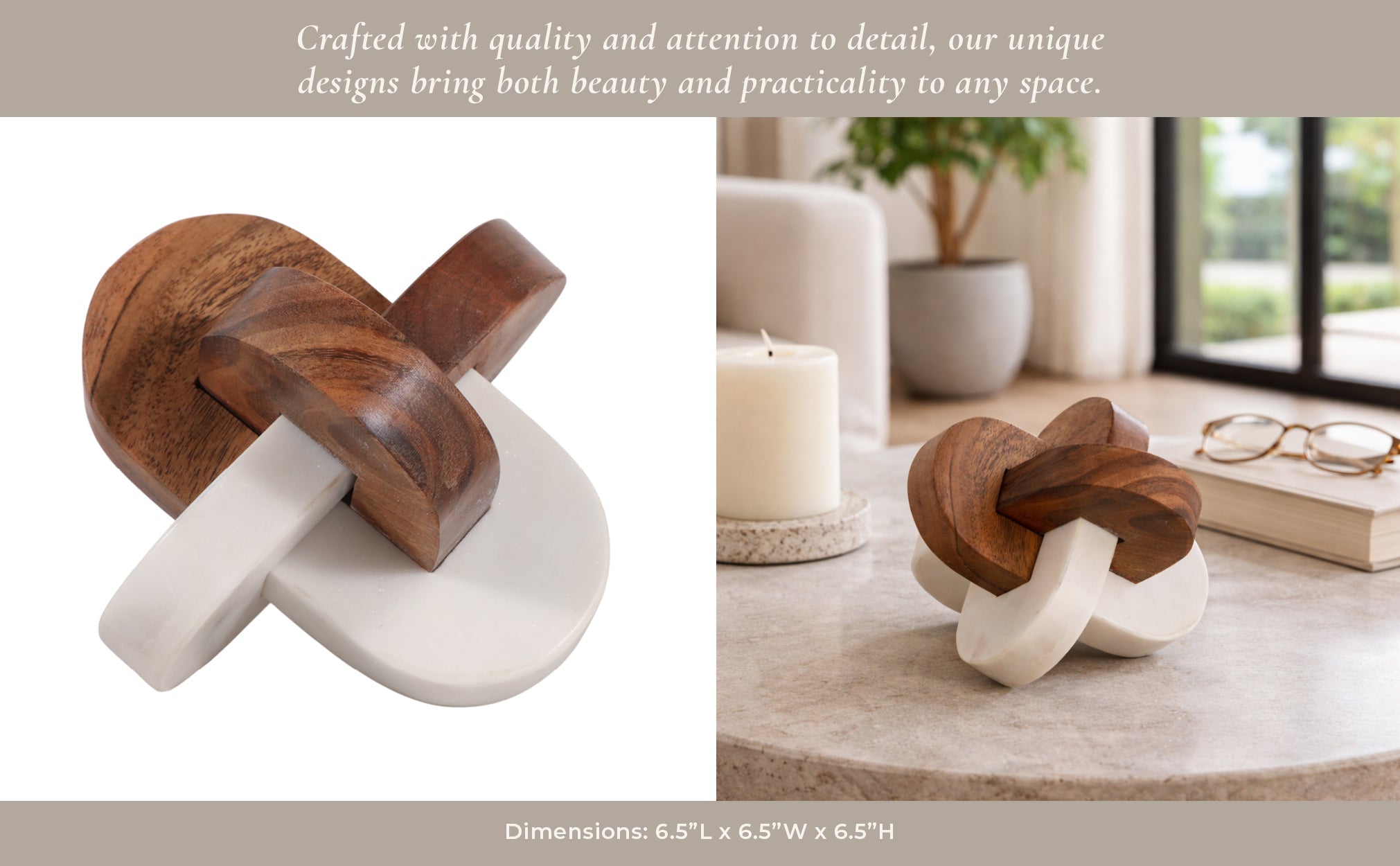 6x6" Wood And Marble Curved Knot, White/natural Table Decors| Sagebrook Home