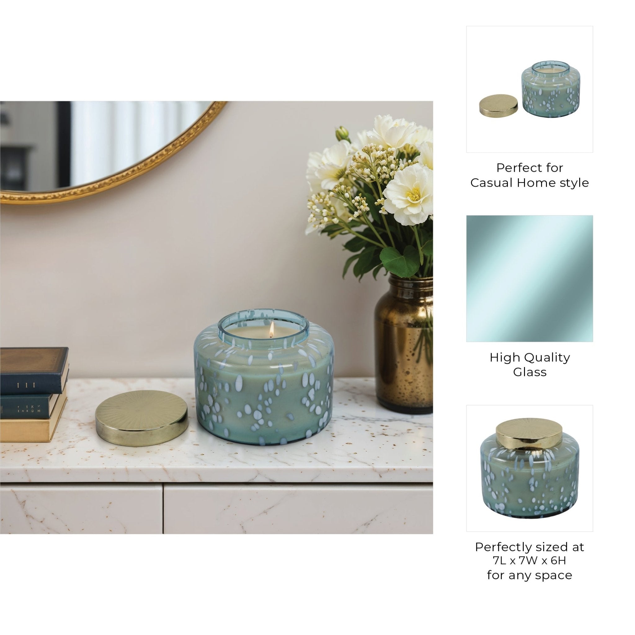 7" 71 Oz Jasmine Speckle Lidded Candle, Blue/gold Candle Holders| Sagebrook Home