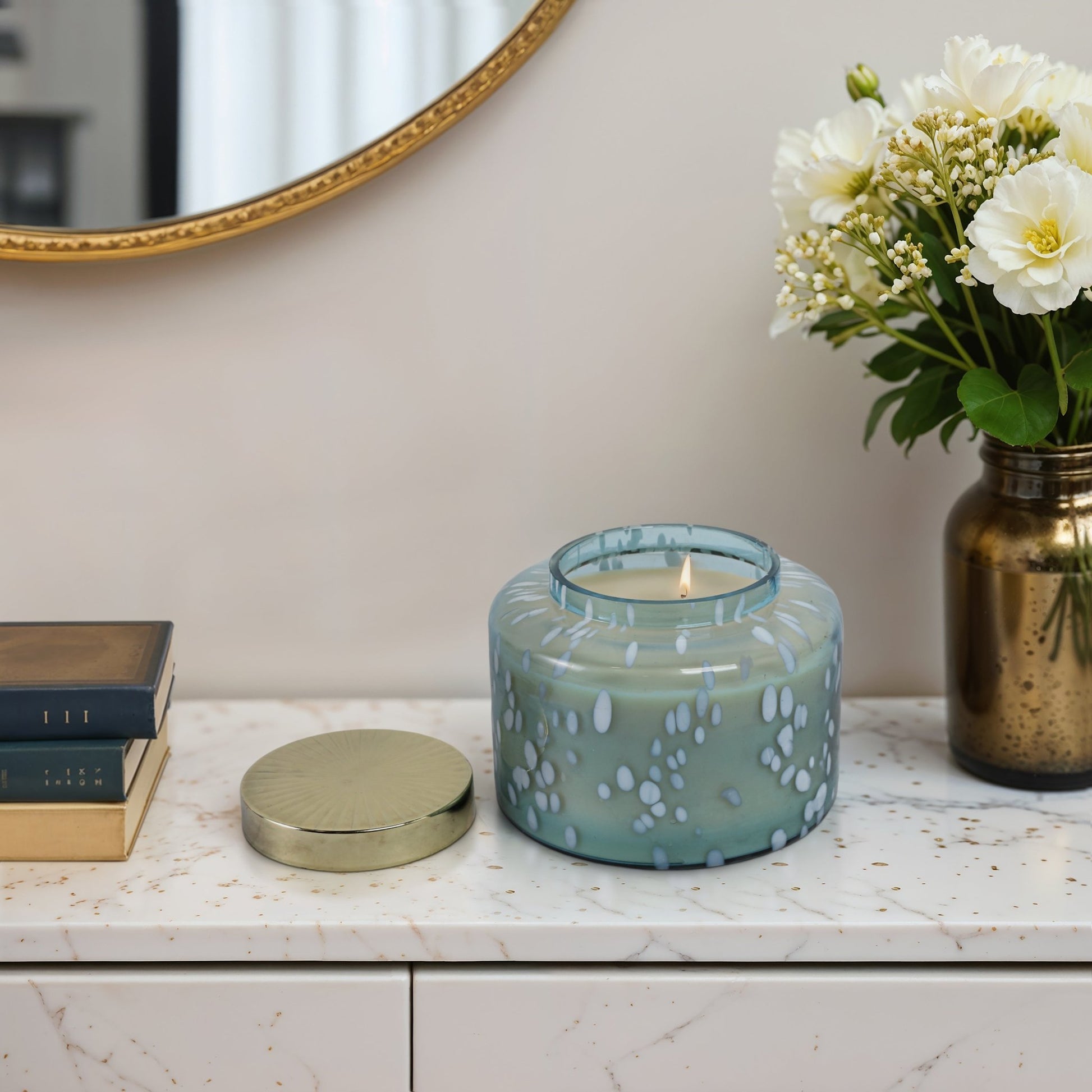 7" 71 Oz Jasmine Speckle Lidded Candle, Blue/gold Candle Holders| Sagebrook Home