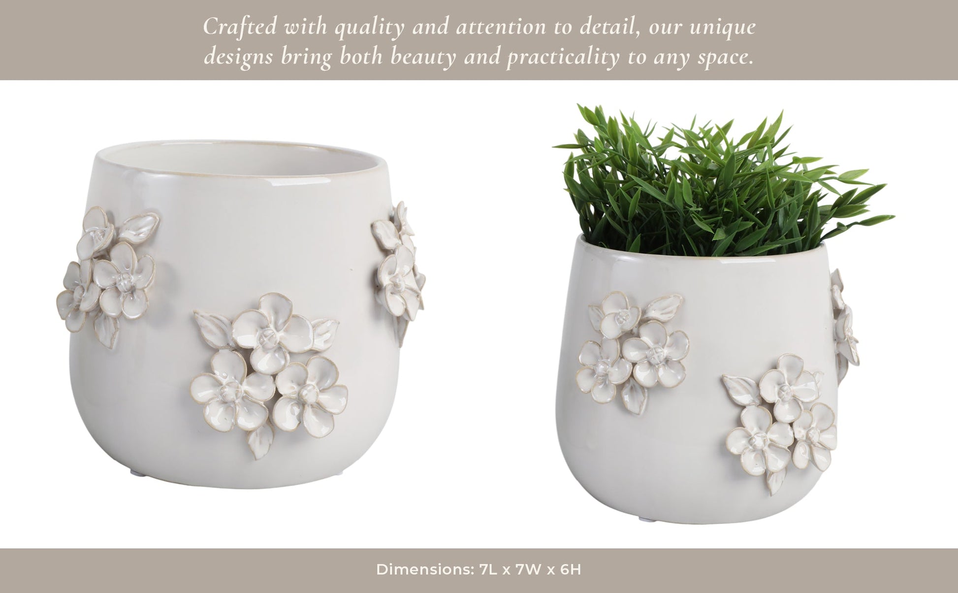 7" FLOWER BUNCHES APPLIQUE PLANTER, IVORY Planter| Sagebrook Home