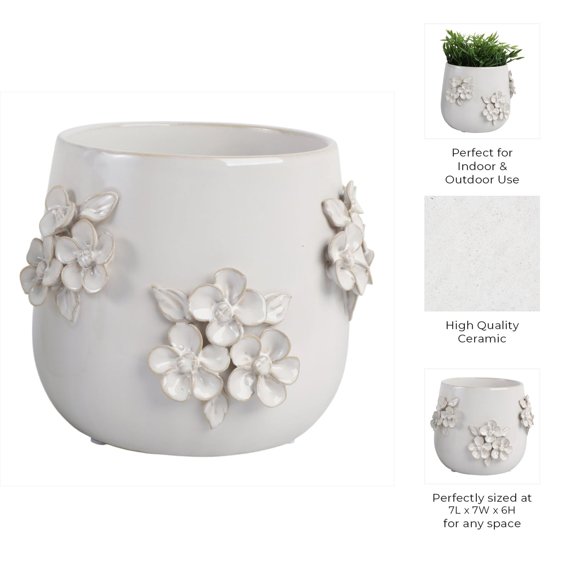 7" FLOWER BUNCHES APPLIQUE PLANTER, IVORY Planter| Sagebrook Home