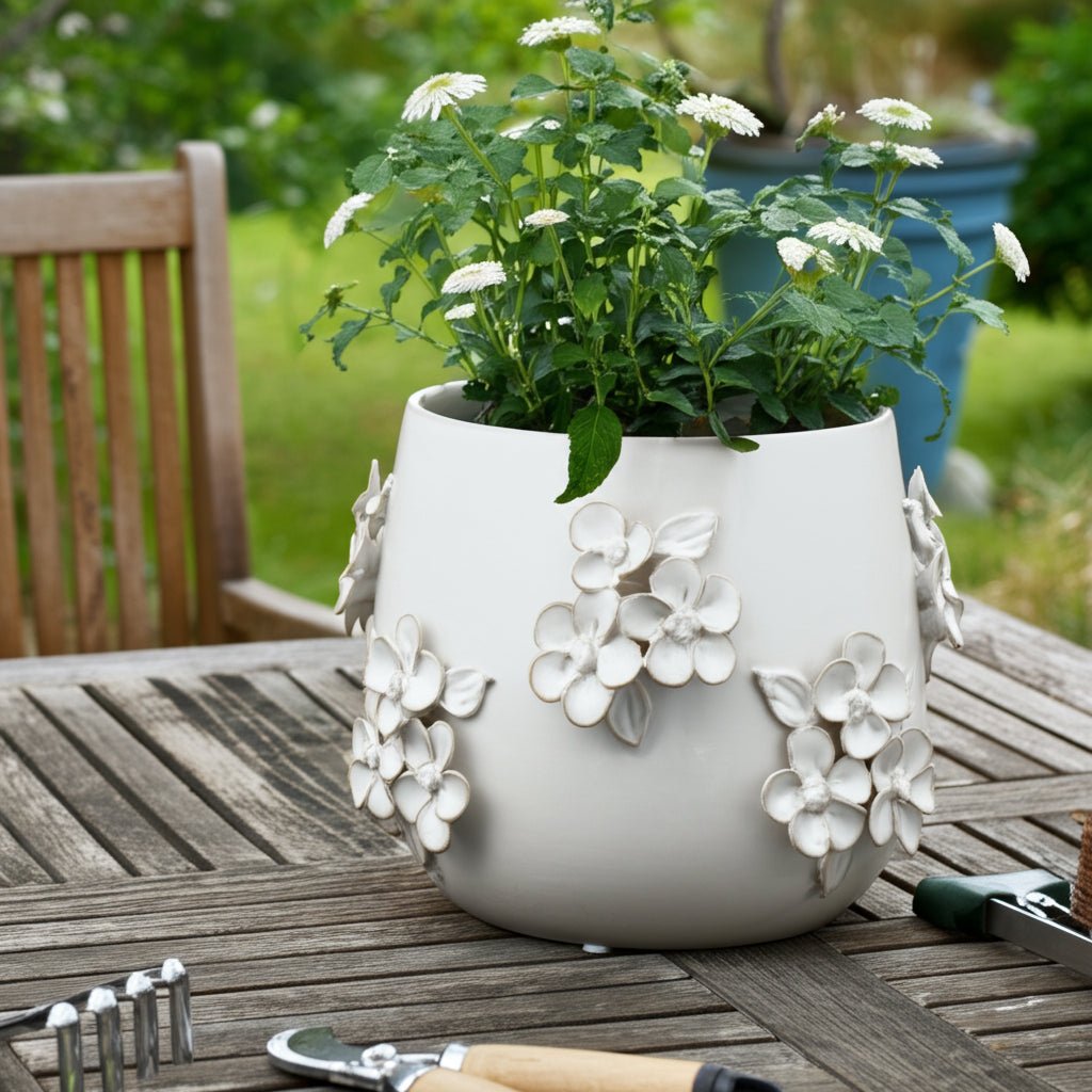 7" FLOWER BUNCHES APPLIQUE PLANTER, IVORY Planter| Sagebrook Home