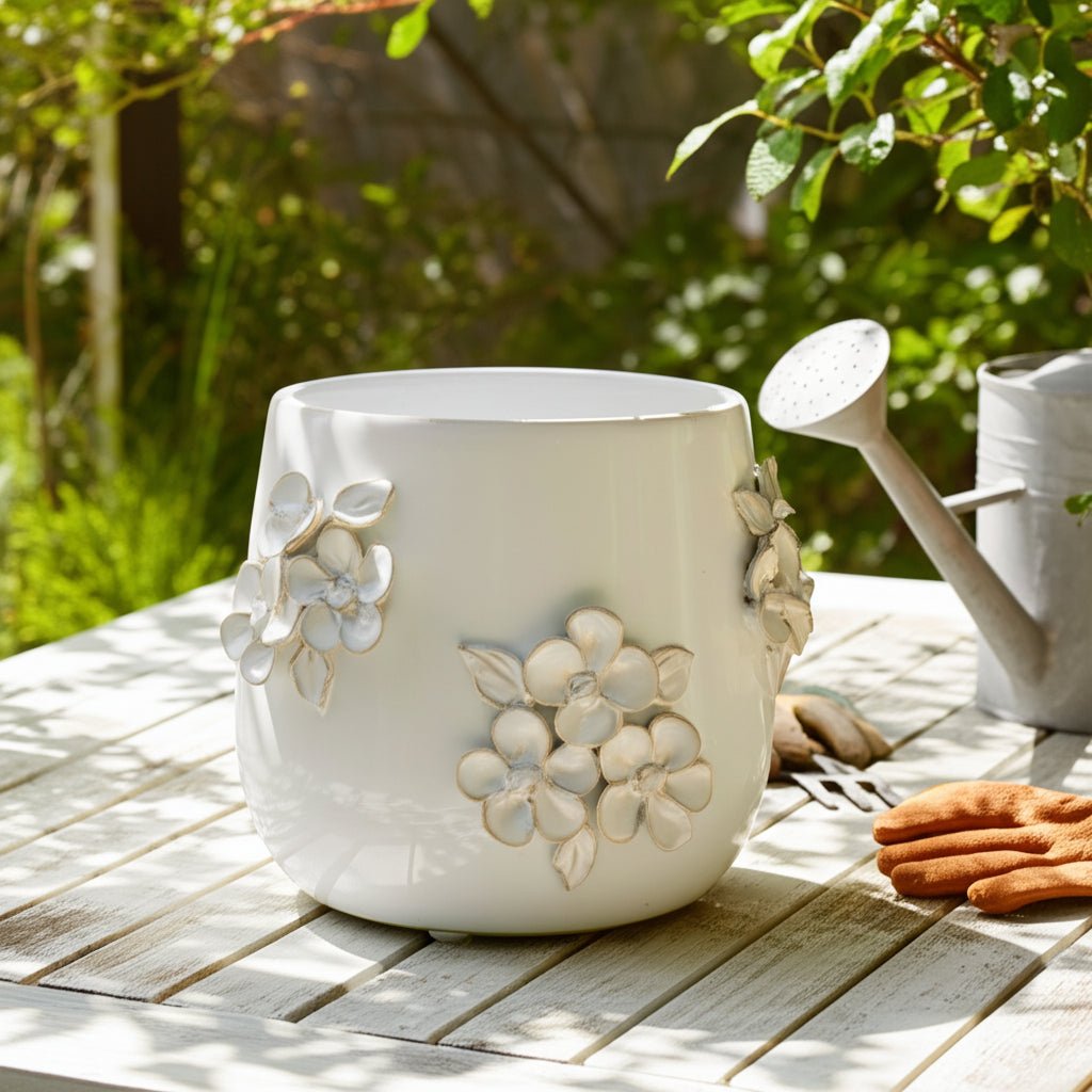 7" FLOWER BUNCHES APPLIQUE PLANTER, IVORY Planter| Sagebrook Home