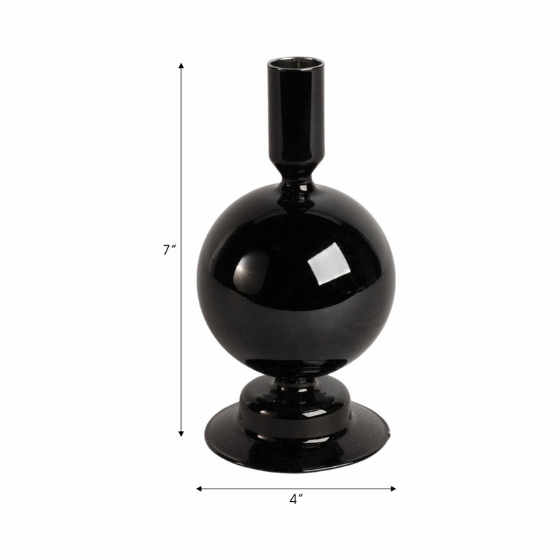 7" GLASS BUBBLE TAPER CANDLE HOLDER, BLACK - Al Rugaib Furniture