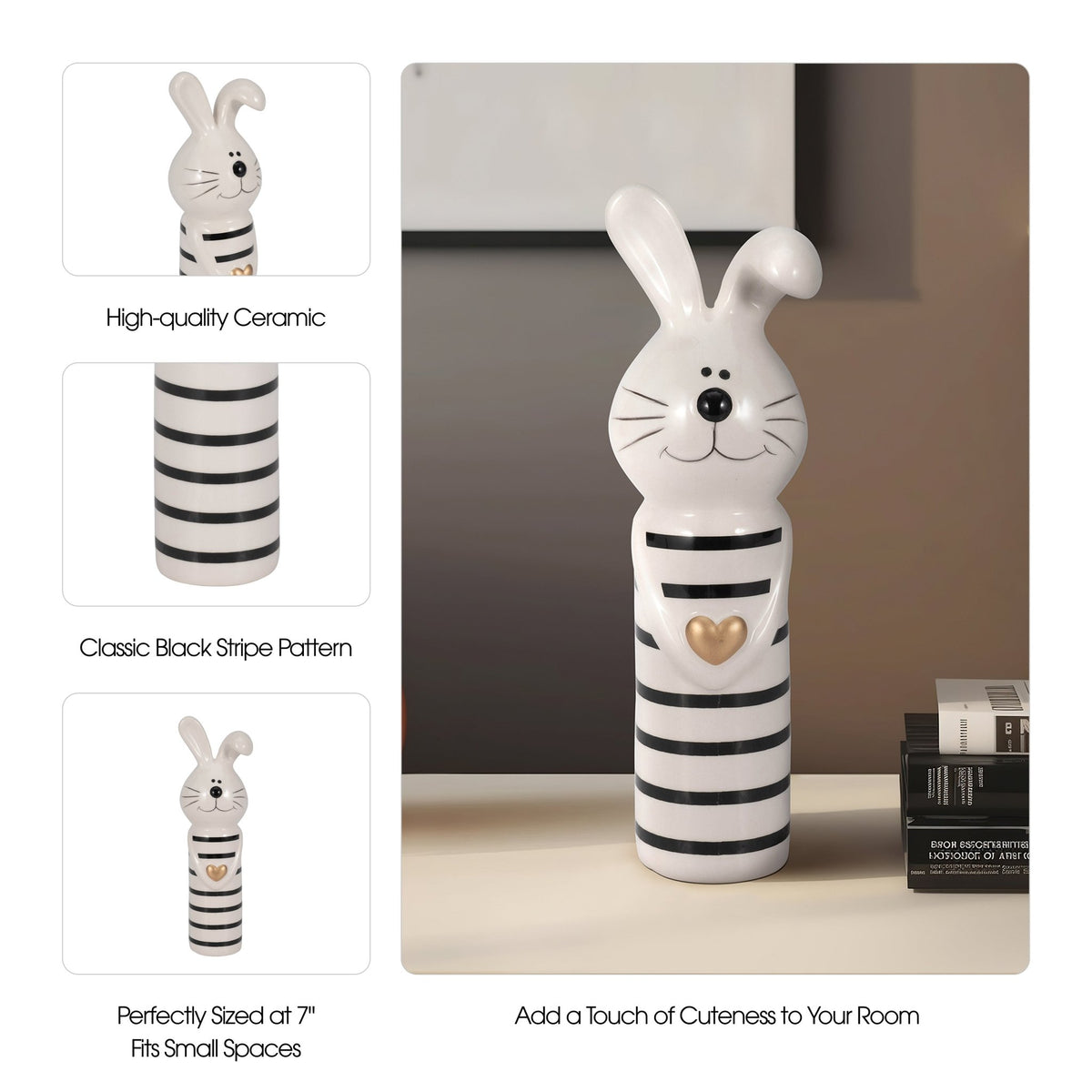 7" Lines Bunny With Gold Heart, White/black Table Decors| Sagebrook Home