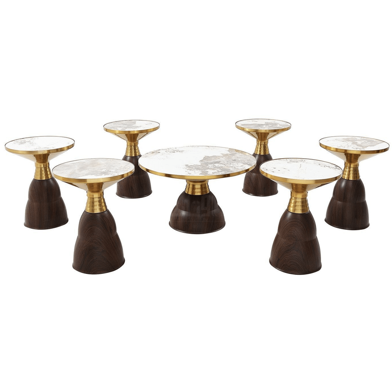 7-Piece Ceramic Coffee & Side Table Set – Wood & Gold Base Table Sets| Otath