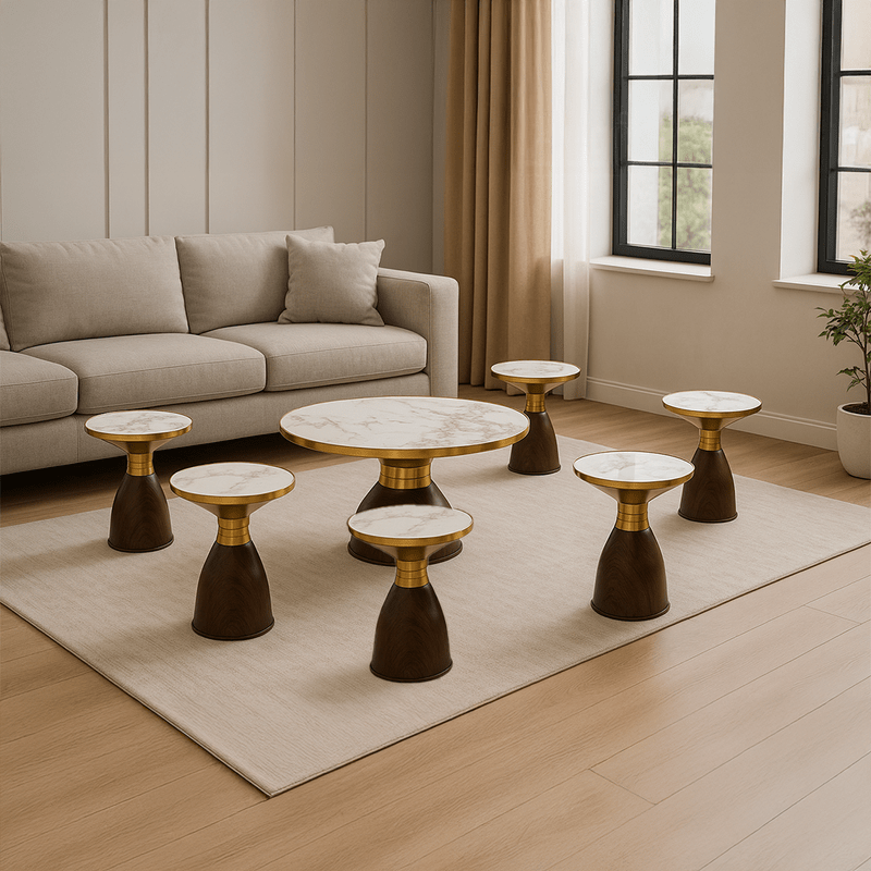 7-Piece Ceramic Coffee & Side Table Set – Wood & Gold Base Table Sets| Otath