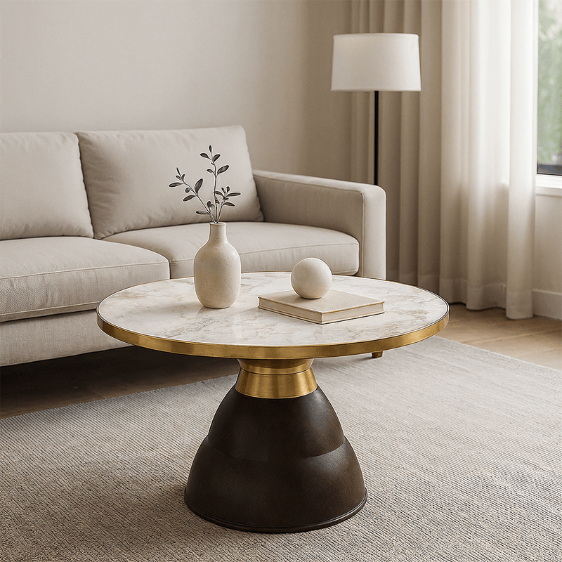 7-Piece Ceramic Coffee & Side Table Set – Wood & Gold Base Table Sets| Otath