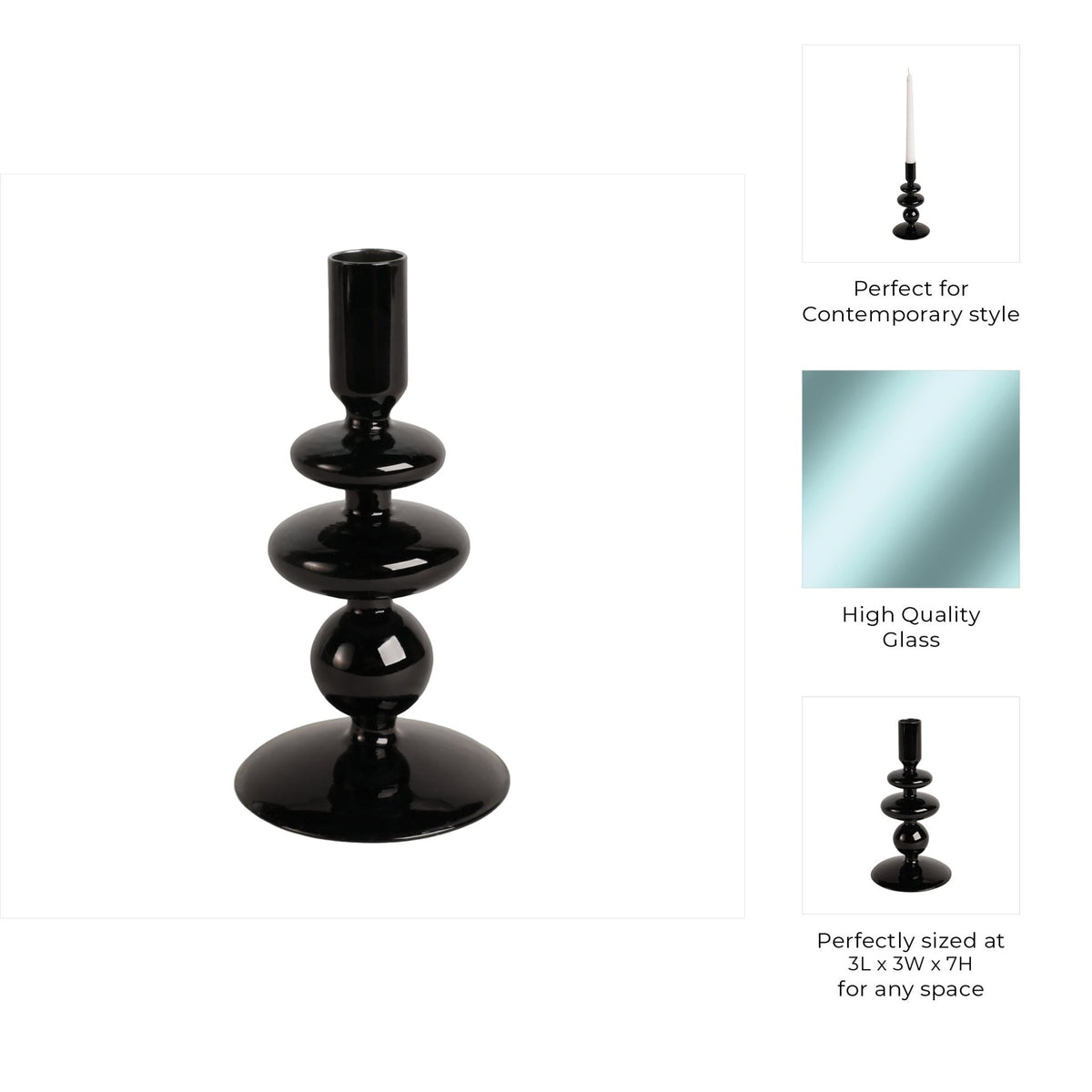 7" VINTAGE GLASS TAPER CANDLE HOLDER, BLACK Candle Holders| Sagebrook Home