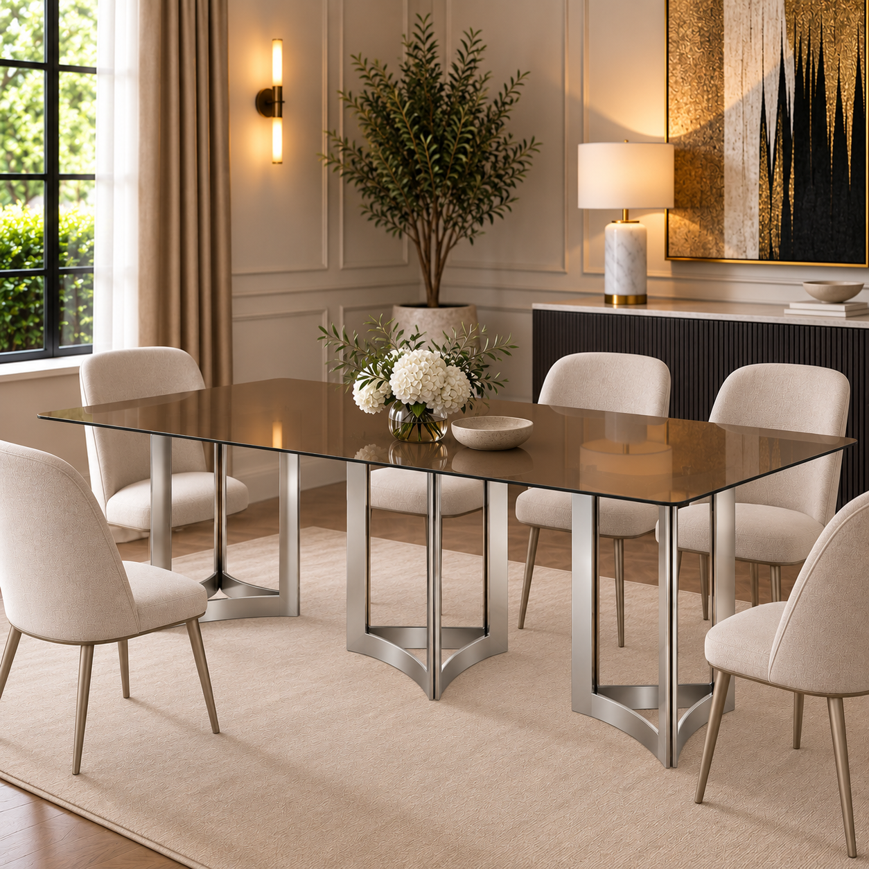 Alexa Dining Table Silver Base and 240 CM Gold Glass