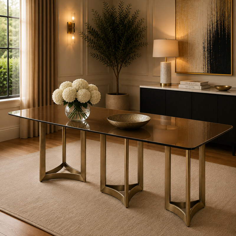 Alexa Dining Table Gold Base and 395 CM Gold Glass
