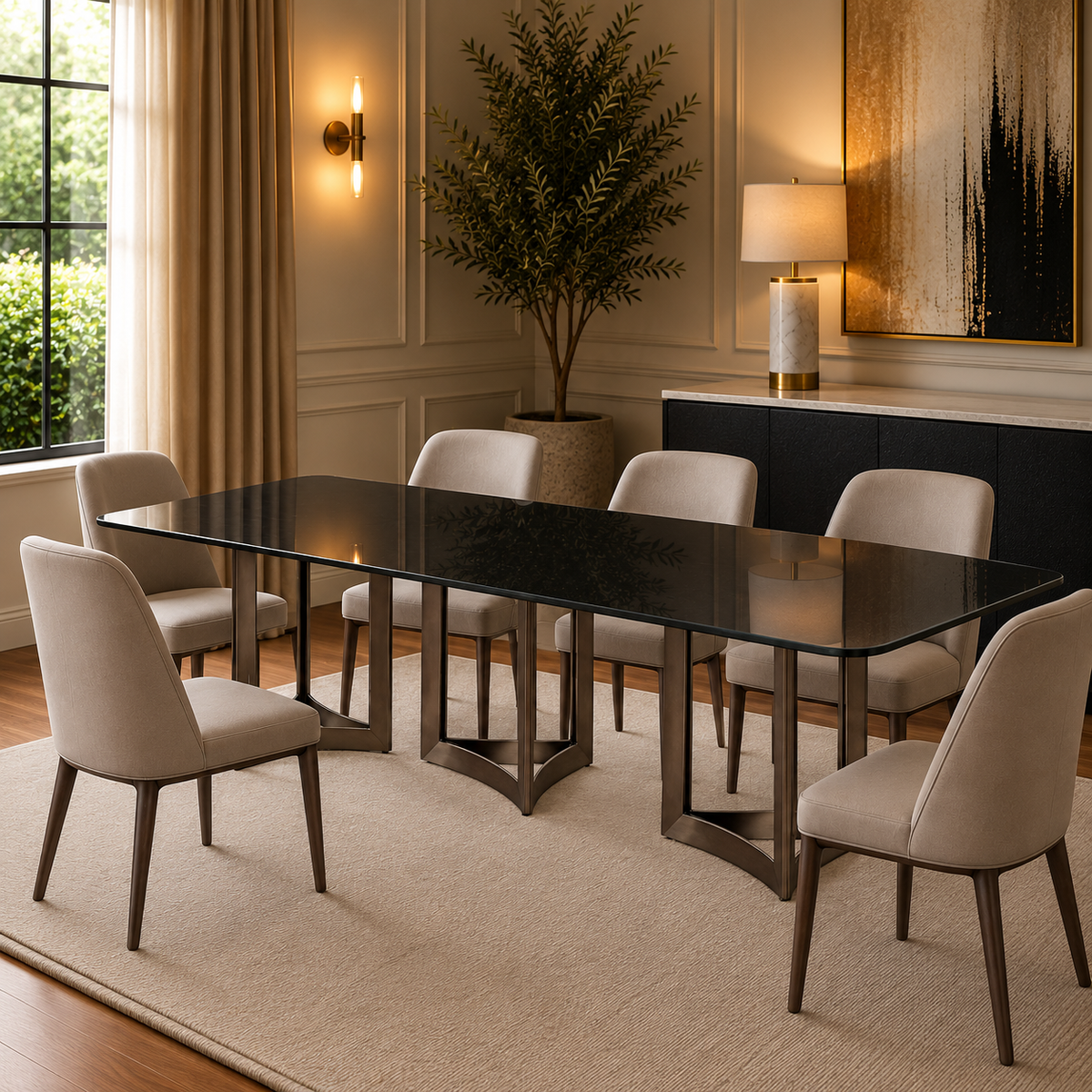 Alexa Dining Table Bronze Base and 350 CM Black Glass