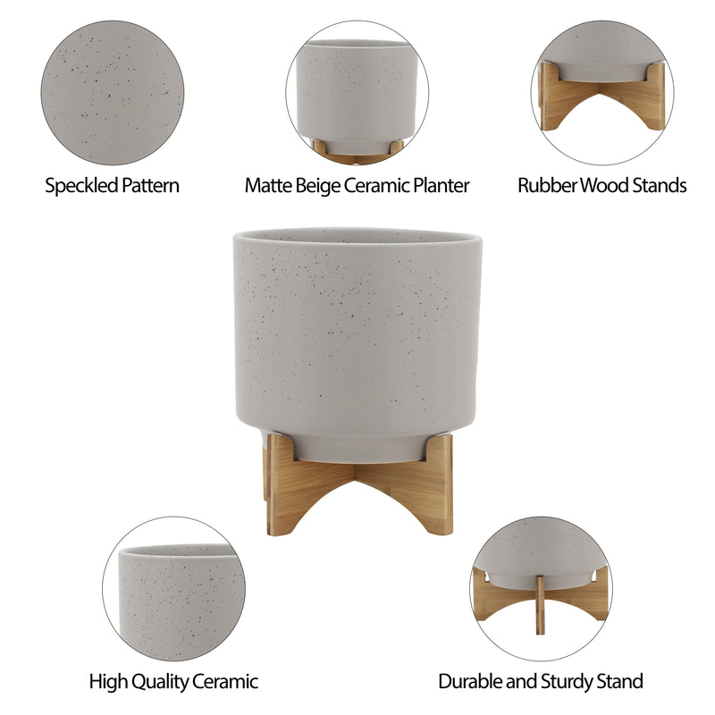 10 PLANTER W/ WOOD STAND, MATTE BEIGE