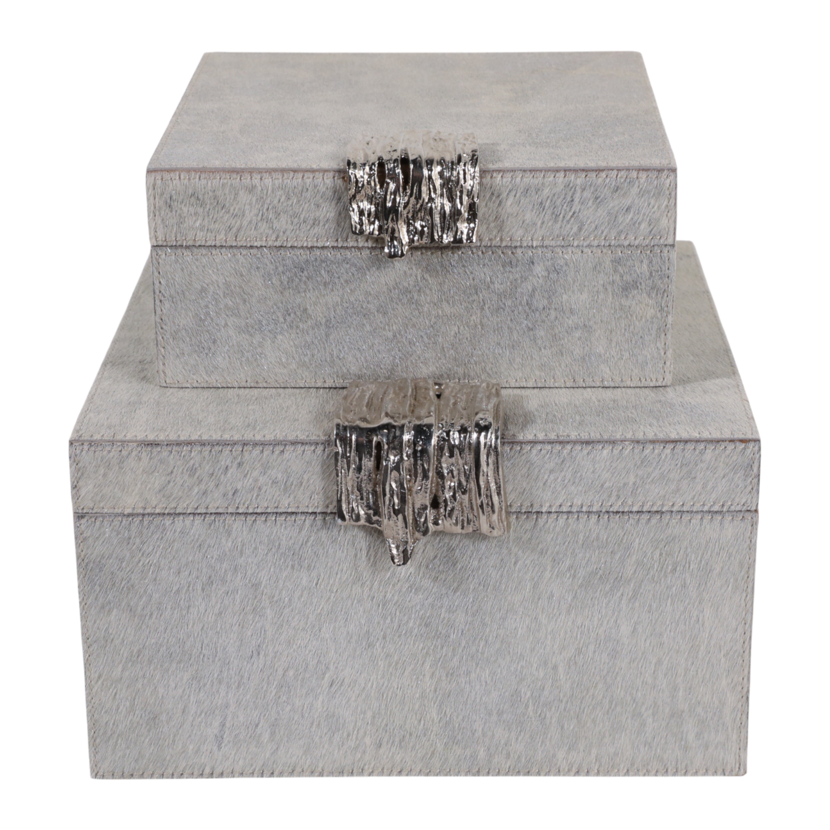 S/2 7/9" GLOUSTER SILVER HAIR ON HIDE BOXES