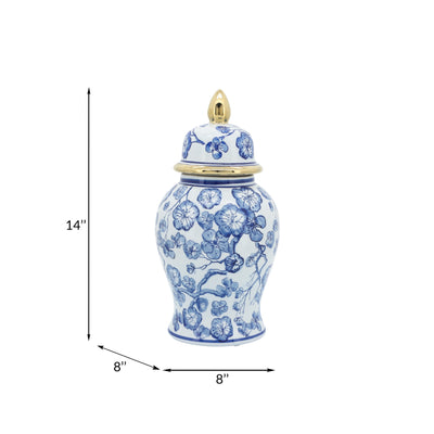 14 TEMPLE JAR W/ HIBISCUS, BLUE & WHITE