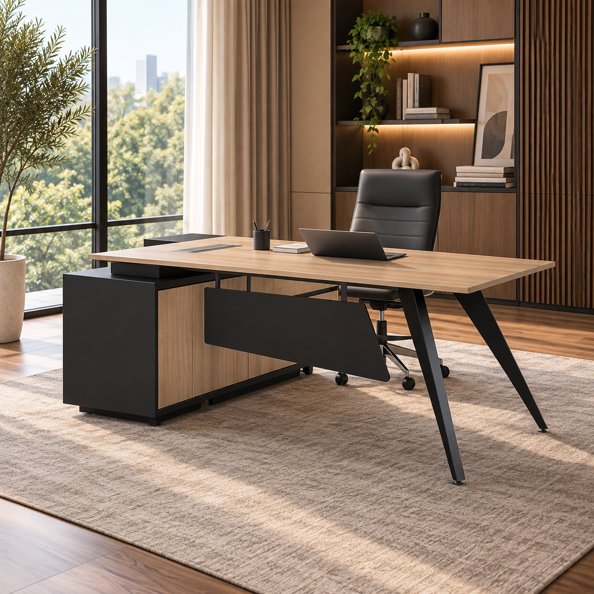 Light Oak and Black Office Desk with Storage Side Return - Extra Large