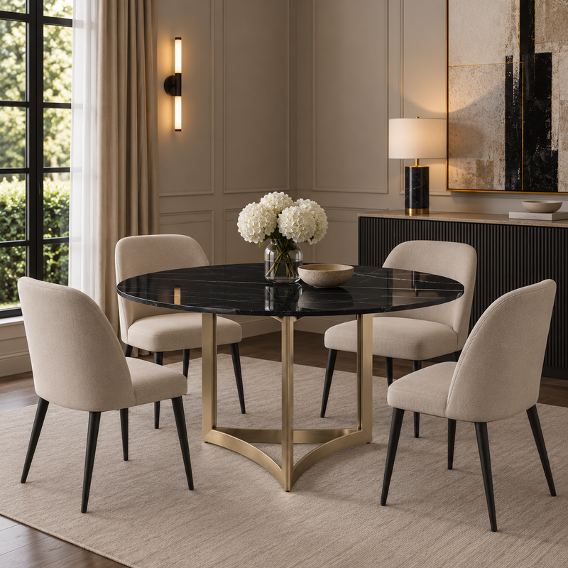Alexa Dining Table Gold Base and 180 CM Round Black Marble