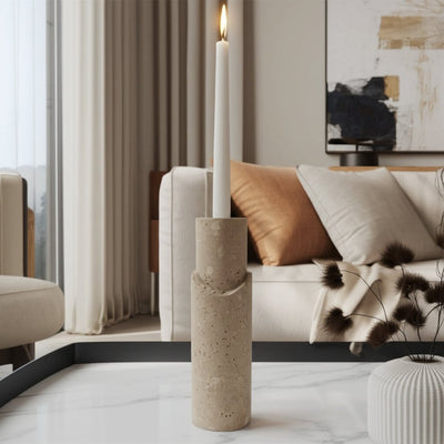 7X2" RAW EDGE TRAVERTINE TAPER HOLDER, TAN - Al Rugaib Furniture