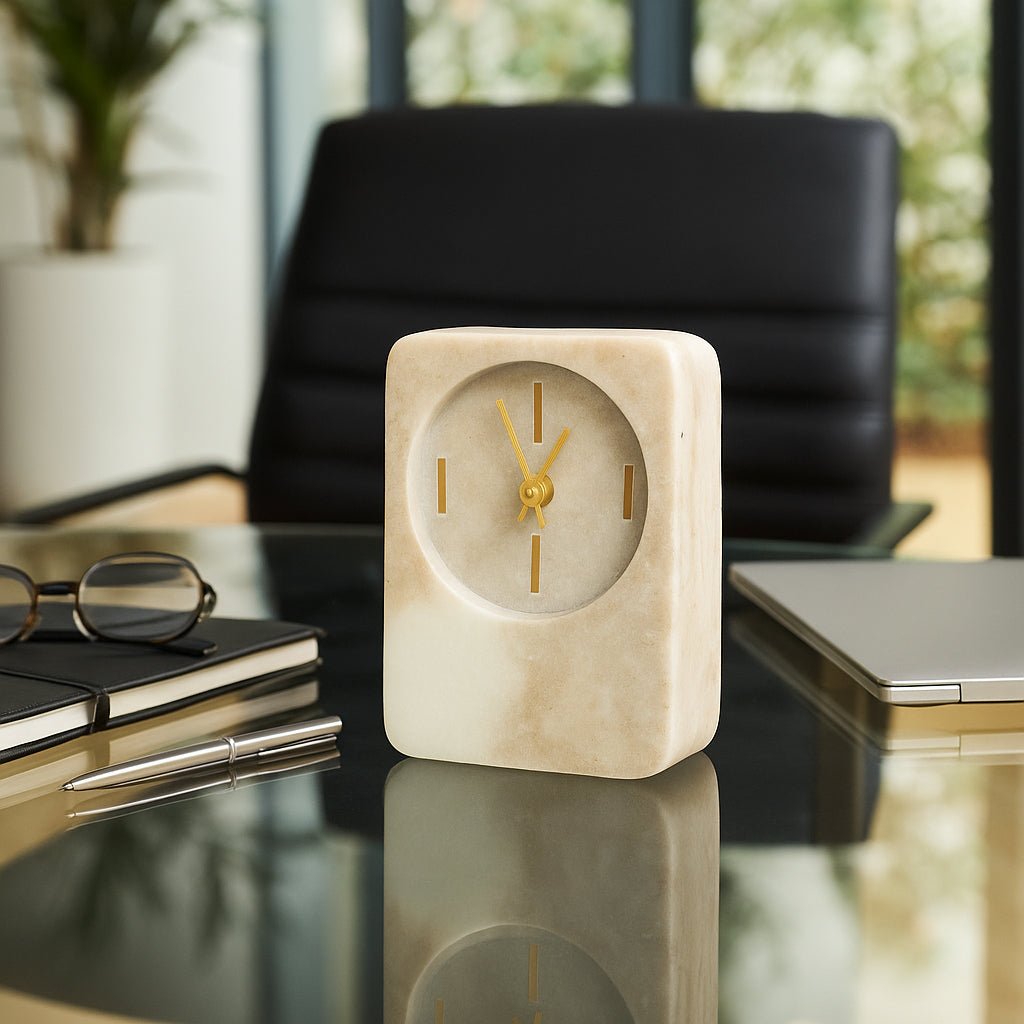 7x4" Marble Clock With Brass Details, Beige Clocks| Sagebrook Home