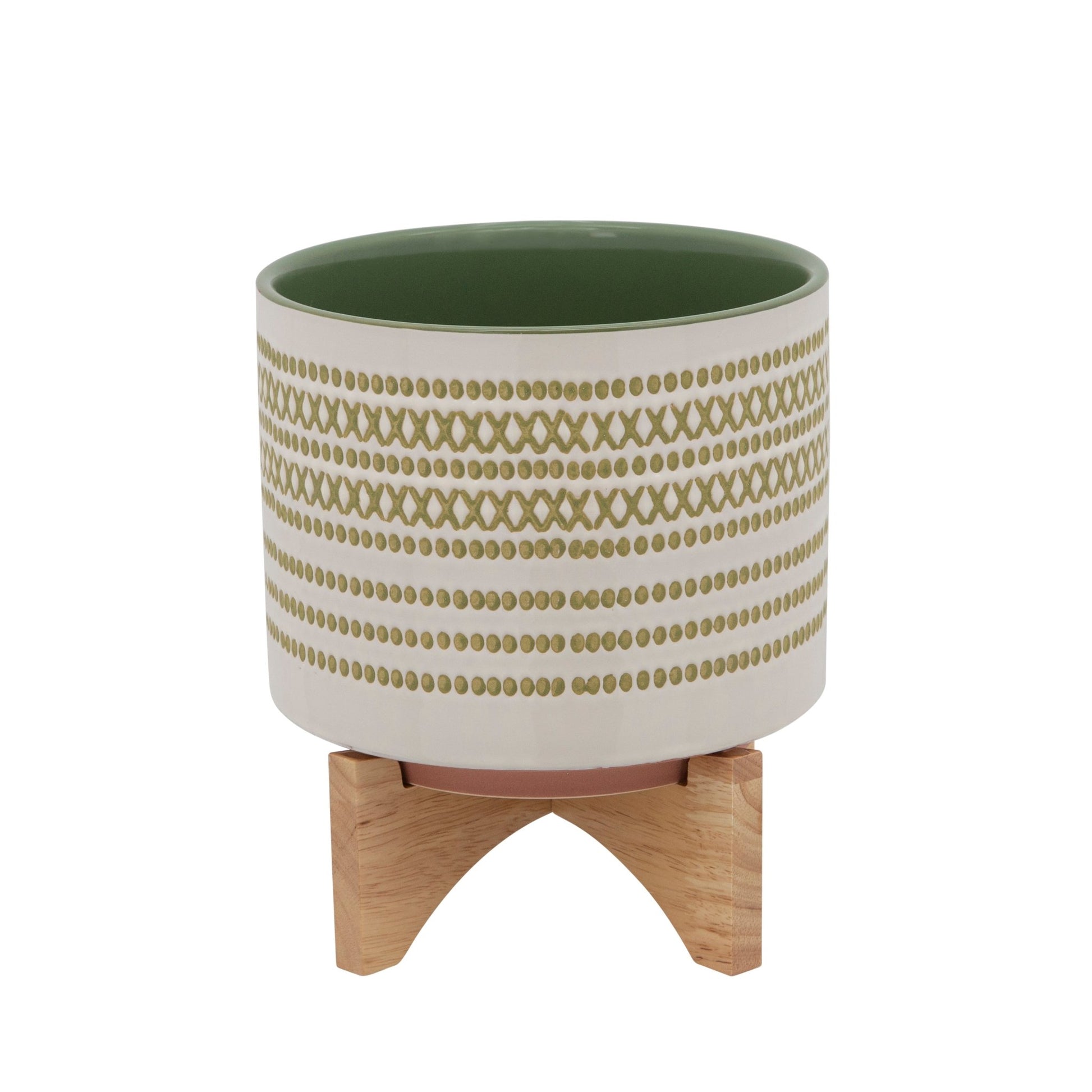 8" AZTEC PLANTER W/ WOOD STAND, OLIVE Outdoor Planters| Sagebrook Home