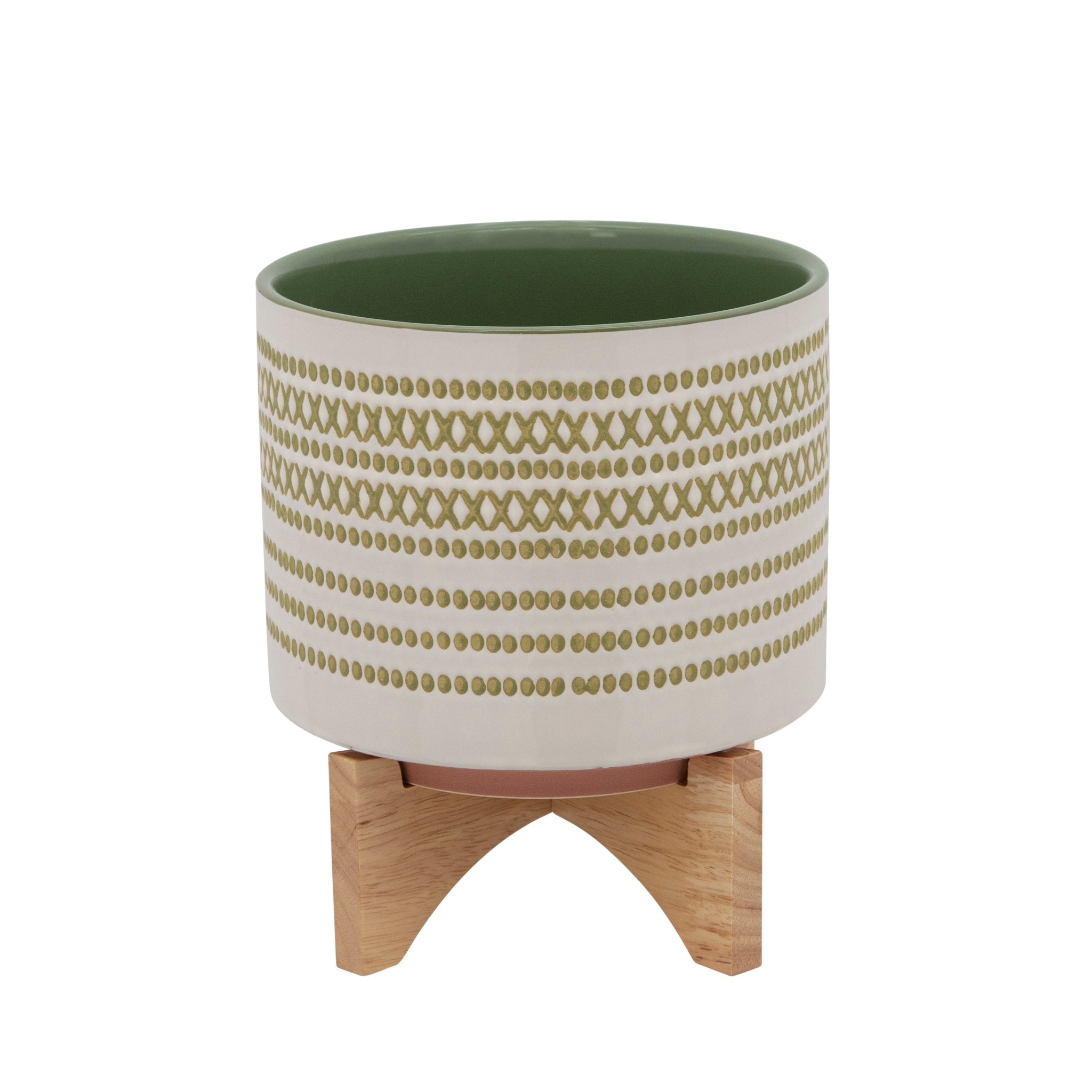8" AZTEC PLANTER W/ WOOD STAND, OLIVE Outdoor Planters| Sagebrook Home