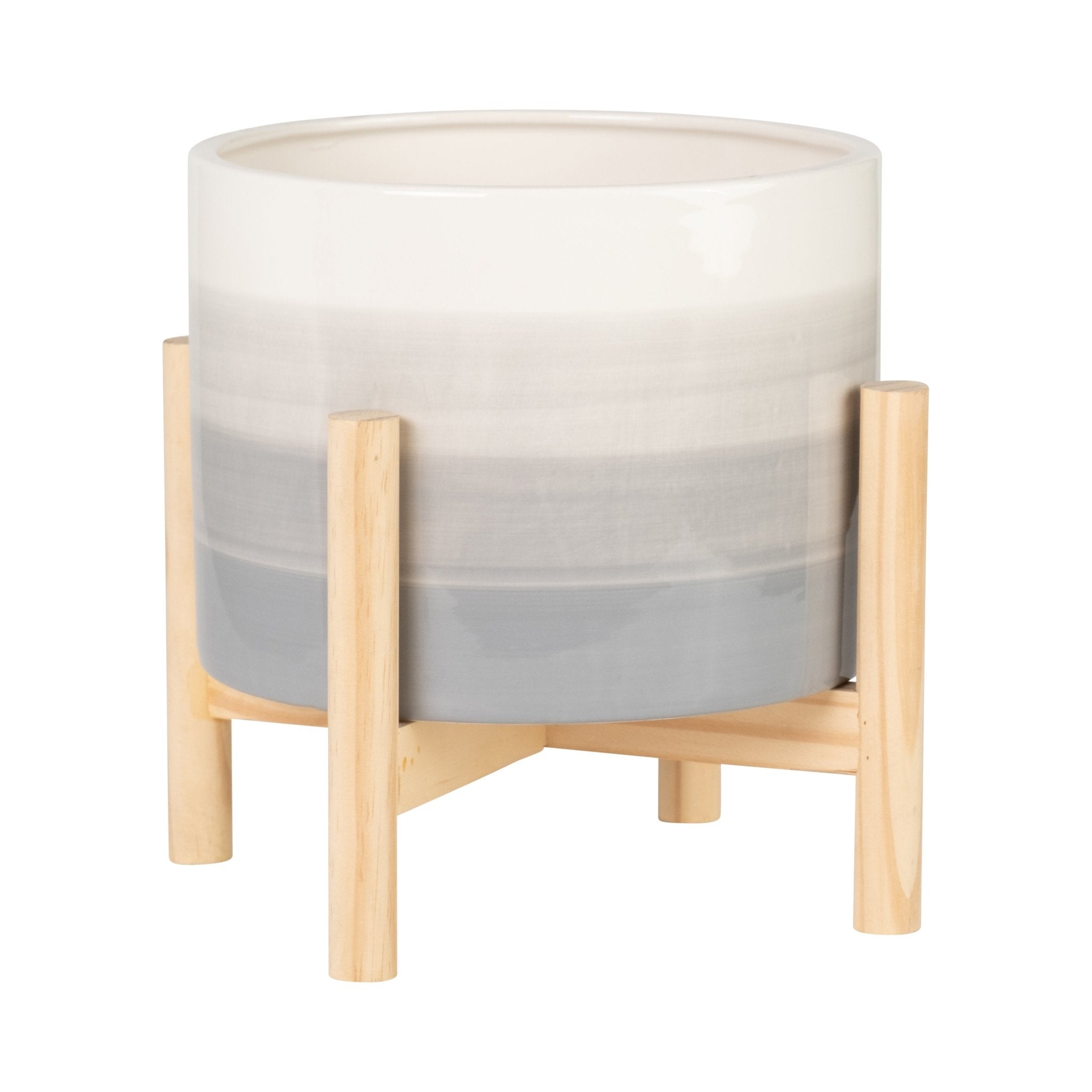 8" CERAMIC PLANTER W/ WOOD STAND, BEIGE MIX Outdoor Planters| Sagebrook Home