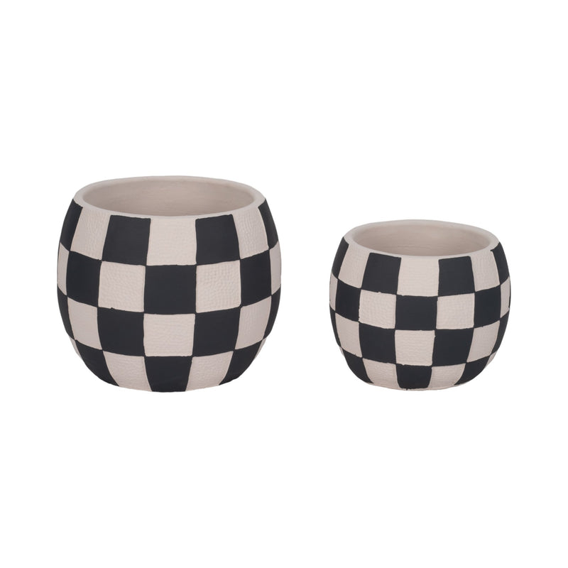 8" Checkerboard Rounded Planter, Black/white - Al Rugaib Furniture