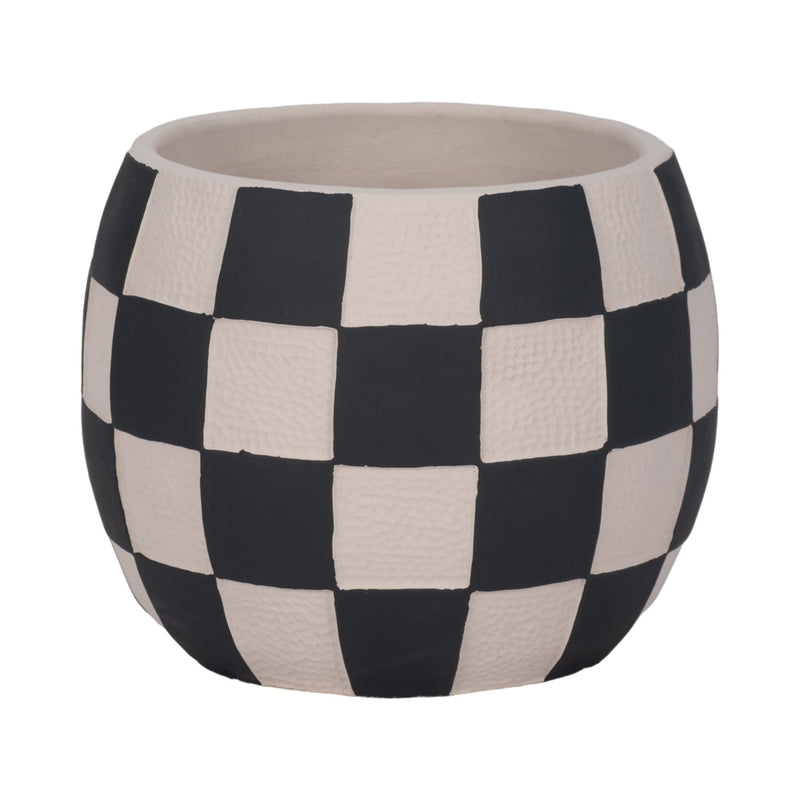 8" Checkerboard Rounded Planter, Black/white - Al Rugaib Furniture