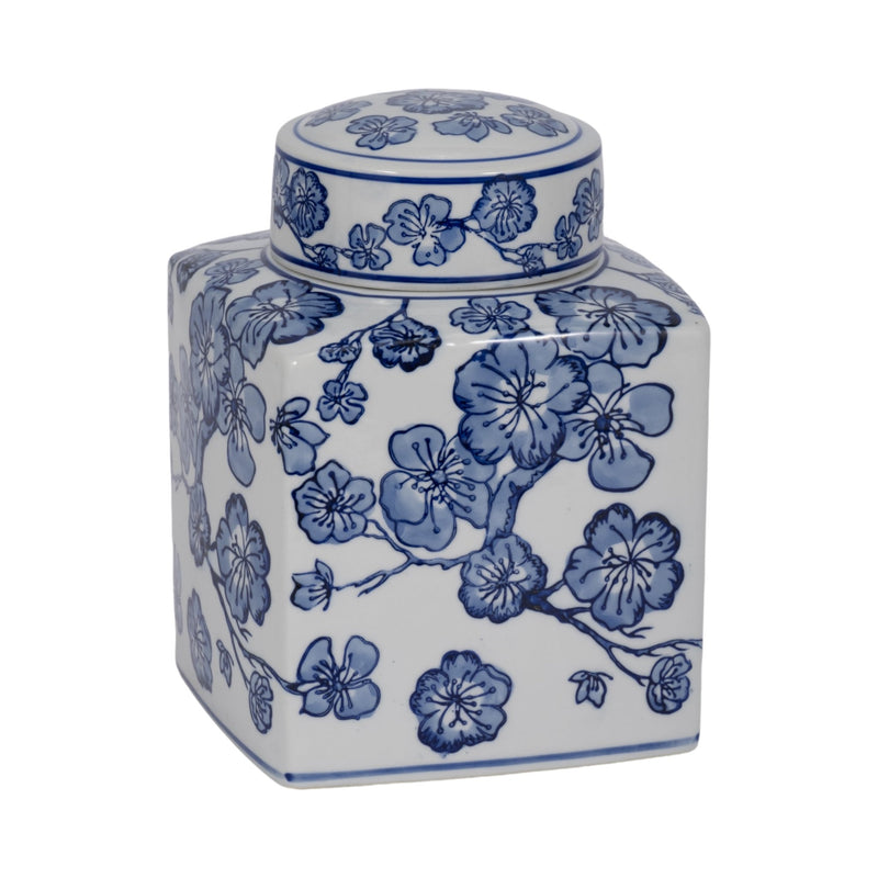 8" Cherry Blossom Chinoiserie Jar, Blue/white - Al Rugaib Furniture