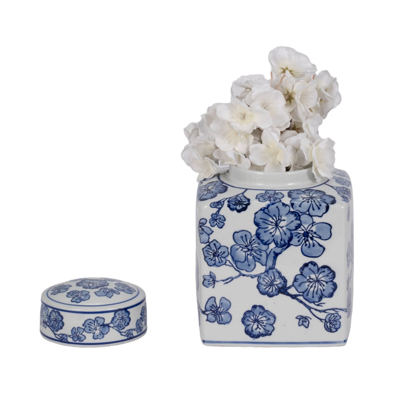 8" Cherry Blossom Chinoiserie Jar, Blue/white - Al Rugaib Furniture