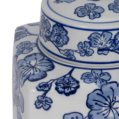 8" Cherry Blossom Chinoiserie Jar, Blue/white - Al Rugaib Furniture