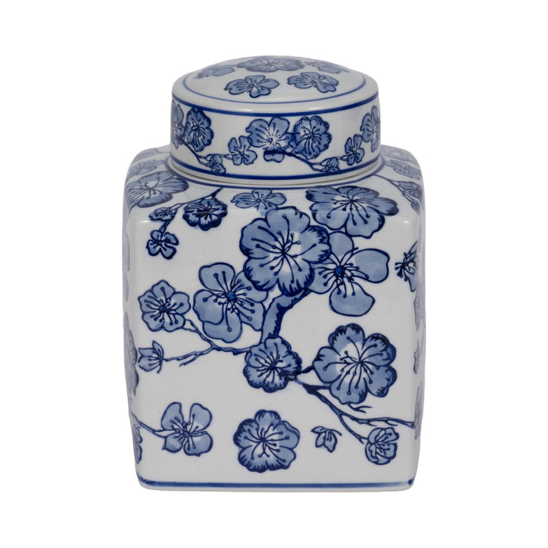 8" Cherry Blossom Chinoiserie Jar, Blue/white - Al Rugaib Furniture
