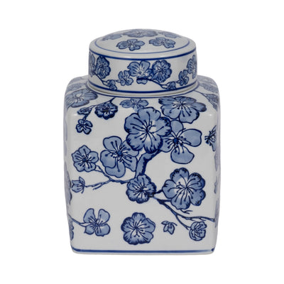 8" Cherry Blossom Chinoiserie Jar, Blue/white - Al Rugaib Furniture