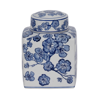 8" Cherry Blossom Chinoiserie Jar, Blue/white - Al Rugaib Furniture