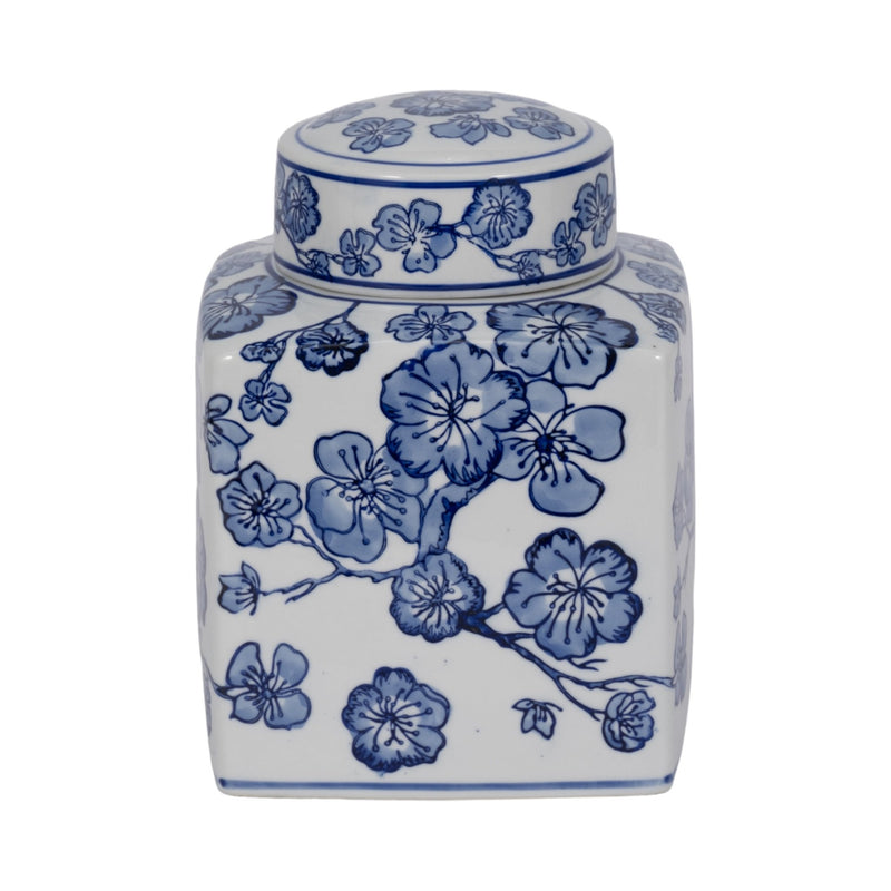 8" Cherry Blossom Chinoiserie Jar, Blue/white - Al Rugaib Furniture