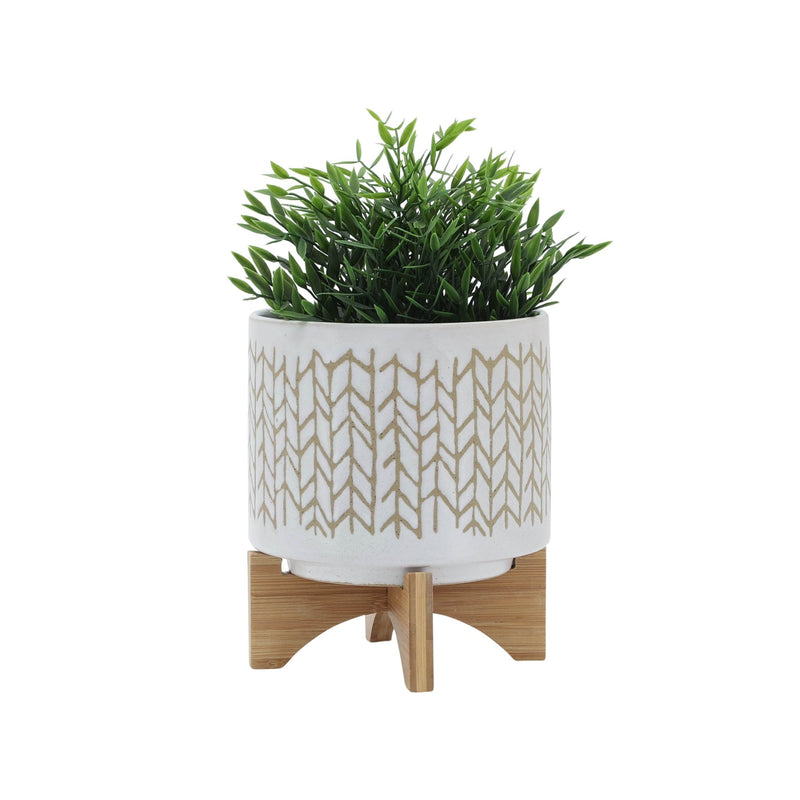 8" CHEVRON PLANTER W/ WOOD STAND, BEIGE - Al Rugaib Furniture
