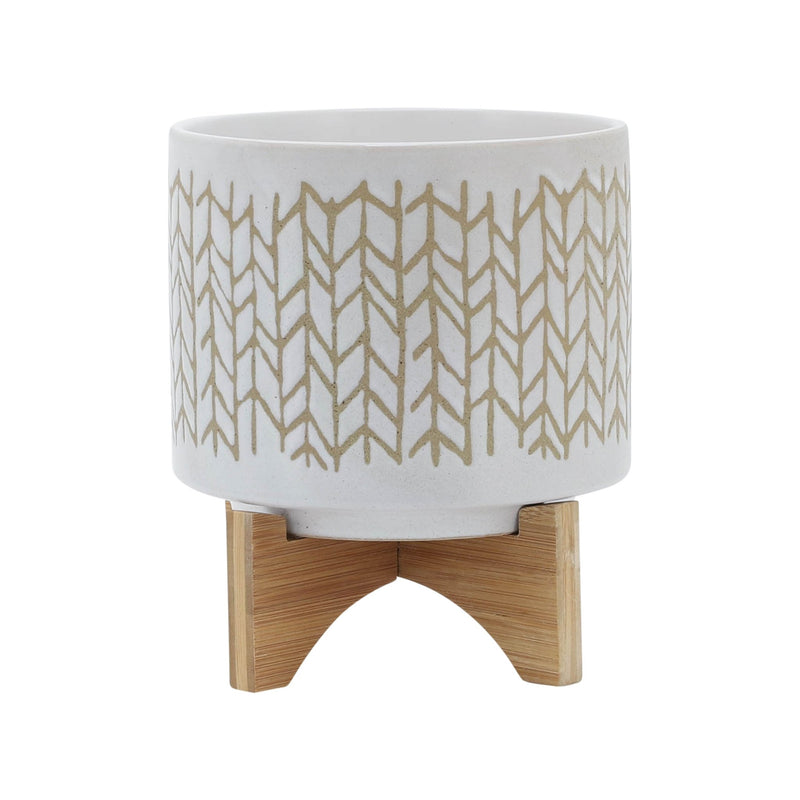 8" CHEVRON PLANTER W/ WOOD STAND, BEIGE - Al Rugaib Furniture