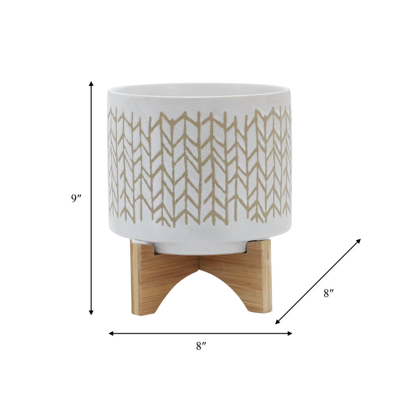 8" CHEVRON PLANTER W/ WOOD STAND, BEIGE - Al Rugaib Furniture