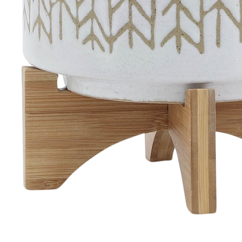 8" CHEVRON PLANTER W/ WOOD STAND, BEIGE - Al Rugaib Furniture