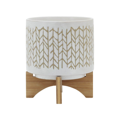 8" CHEVRON PLANTER W/ WOOD STAND, BEIGE - Al Rugaib Furniture